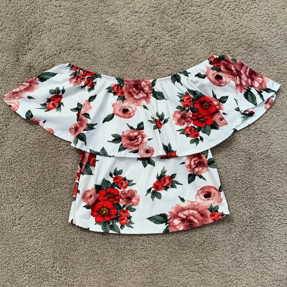 white off-the-shoulder crop top with red flowers